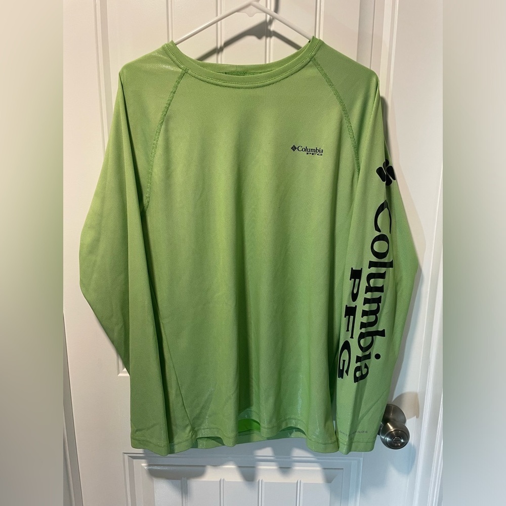 Columbia PFG Mens M Green Shiny Omni Shade Performance Long Sleeve Sun FLAW